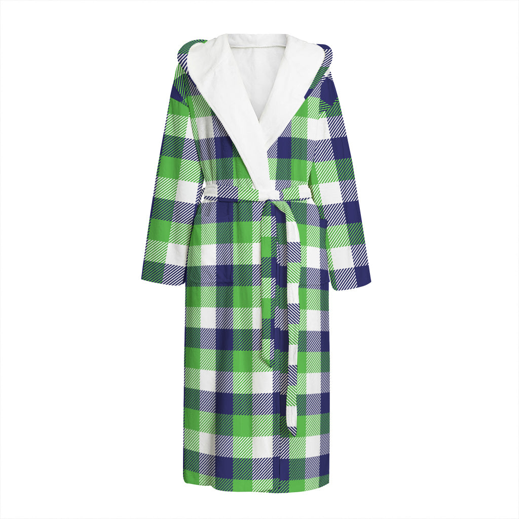 White Green And Blue Buffalo Plaid Print Hooded Bathrobe