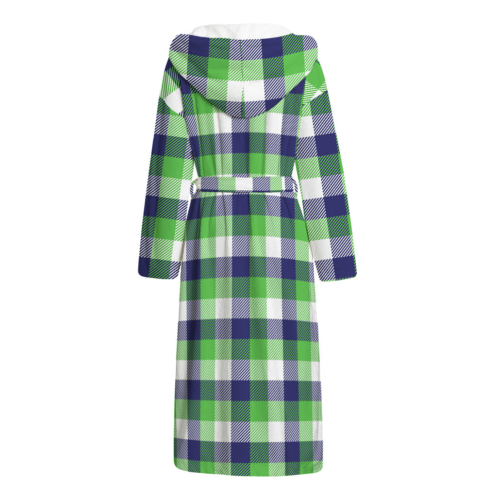 White Green And Blue Buffalo Plaid Print Hooded Bathrobe