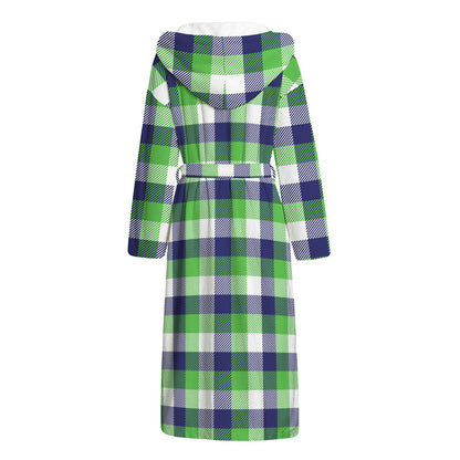 White Green And Blue Buffalo Plaid Print Hooded Bathrobe