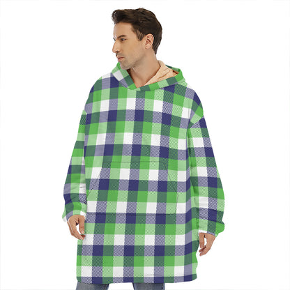 White Green And Blue Buffalo Plaid Print Hoodie Blanket