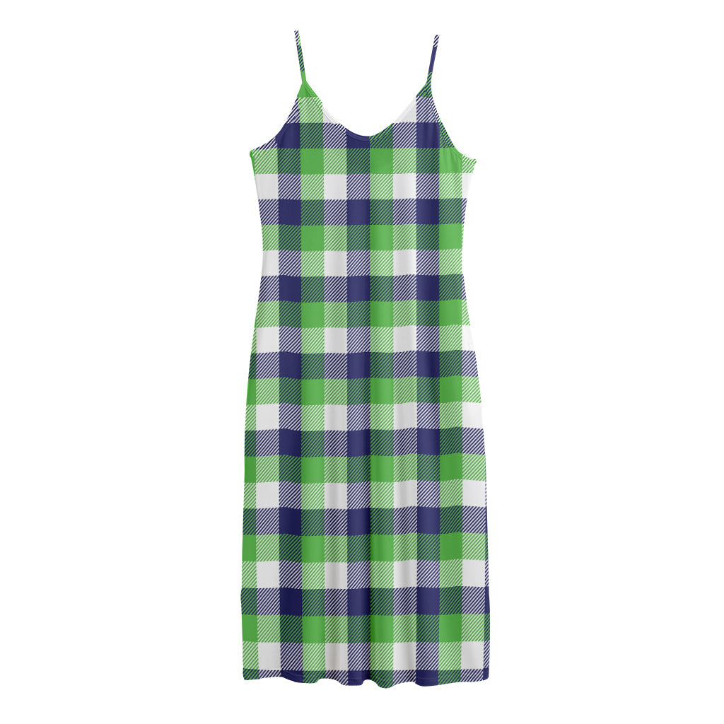 White Green And Blue Buffalo Plaid Print Jersey Midi Cami Dress