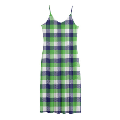 White Green And Blue Buffalo Plaid Print Jersey Midi Cami Dress