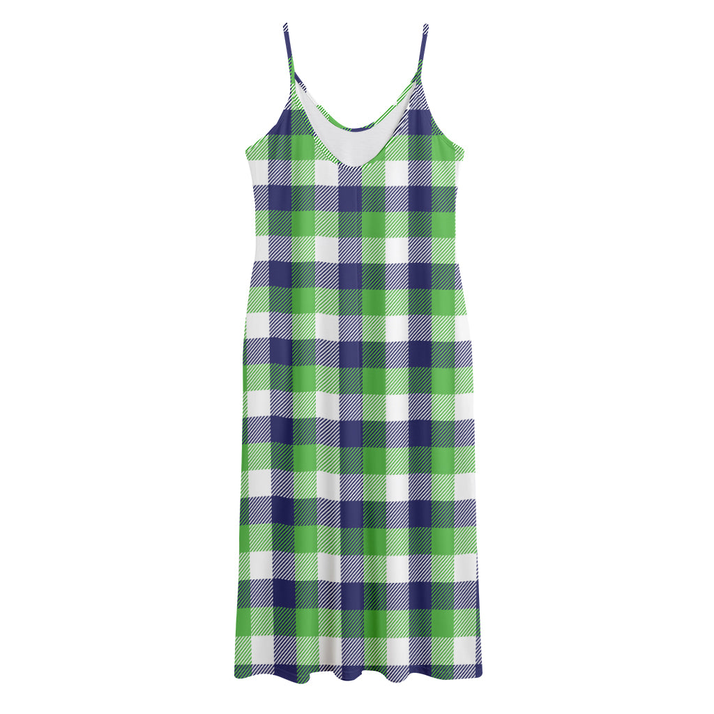 White Green And Blue Buffalo Plaid Print Jersey Midi Cami Dress