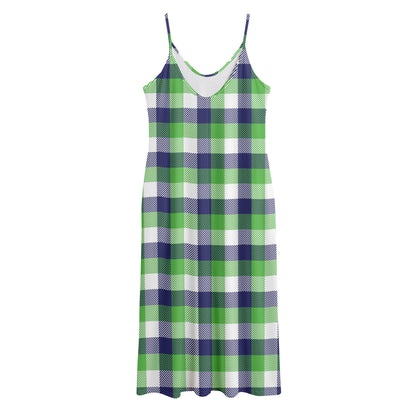 White Green And Blue Buffalo Plaid Print Jersey Midi Cami Dress