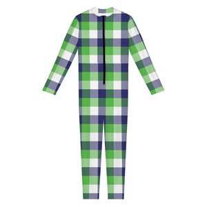 White Green And Blue Buffalo Plaid Print Jumpsuit