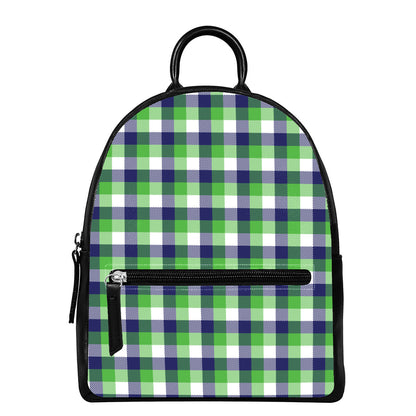 White Green And Blue Buffalo Plaid Print Leather Backpack