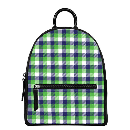 White Green And Blue Buffalo Plaid Print Leather Backpack