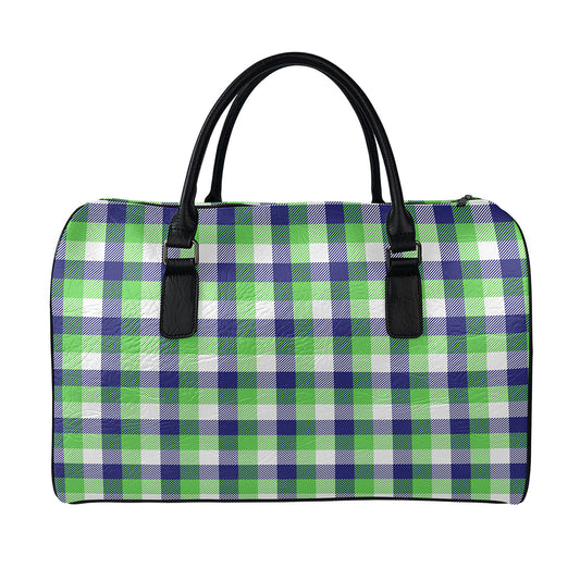 White Green And Blue Buffalo Plaid Print Leather Duffle Bag