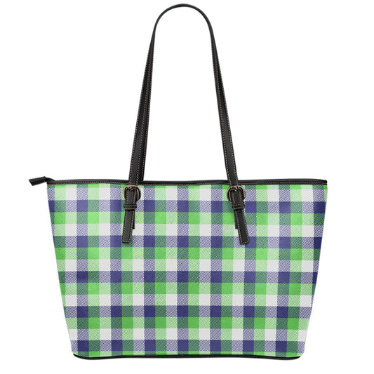 White Green And Blue Buffalo Plaid Print Leather Tote Bag
