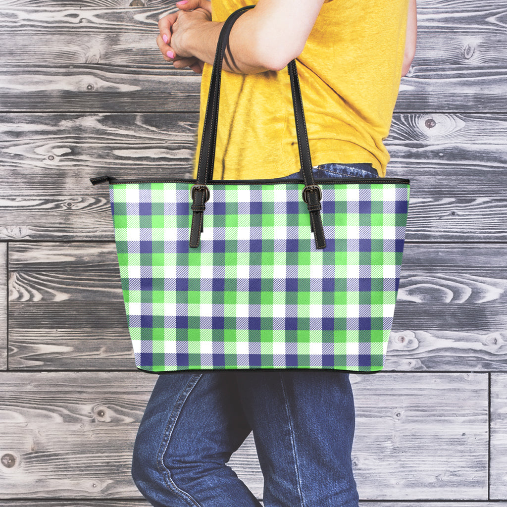 White Green And Blue Buffalo Plaid Print Leather Tote Bag