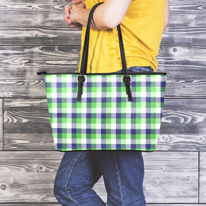 White Green And Blue Buffalo Plaid Print Leather Tote Bag