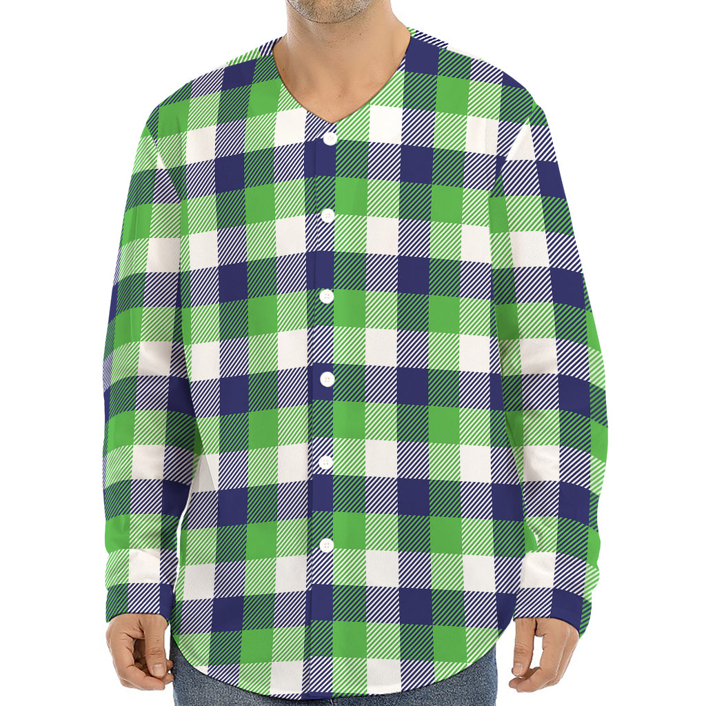 White Green And Blue Buffalo Plaid Print Long Sleeve Baseball Jersey