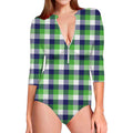 White Green And Blue Buffalo Plaid Print Long Sleeve Swimsuit