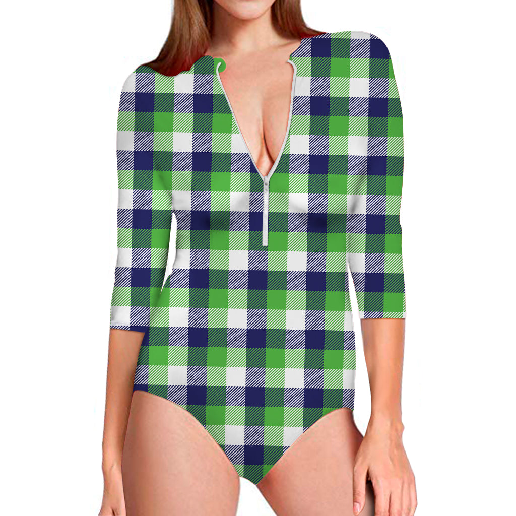 White Green And Blue Buffalo Plaid Print Long Sleeve Swimsuit