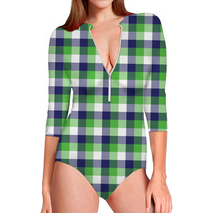 White Green And Blue Buffalo Plaid Print Long Sleeve Swimsuit