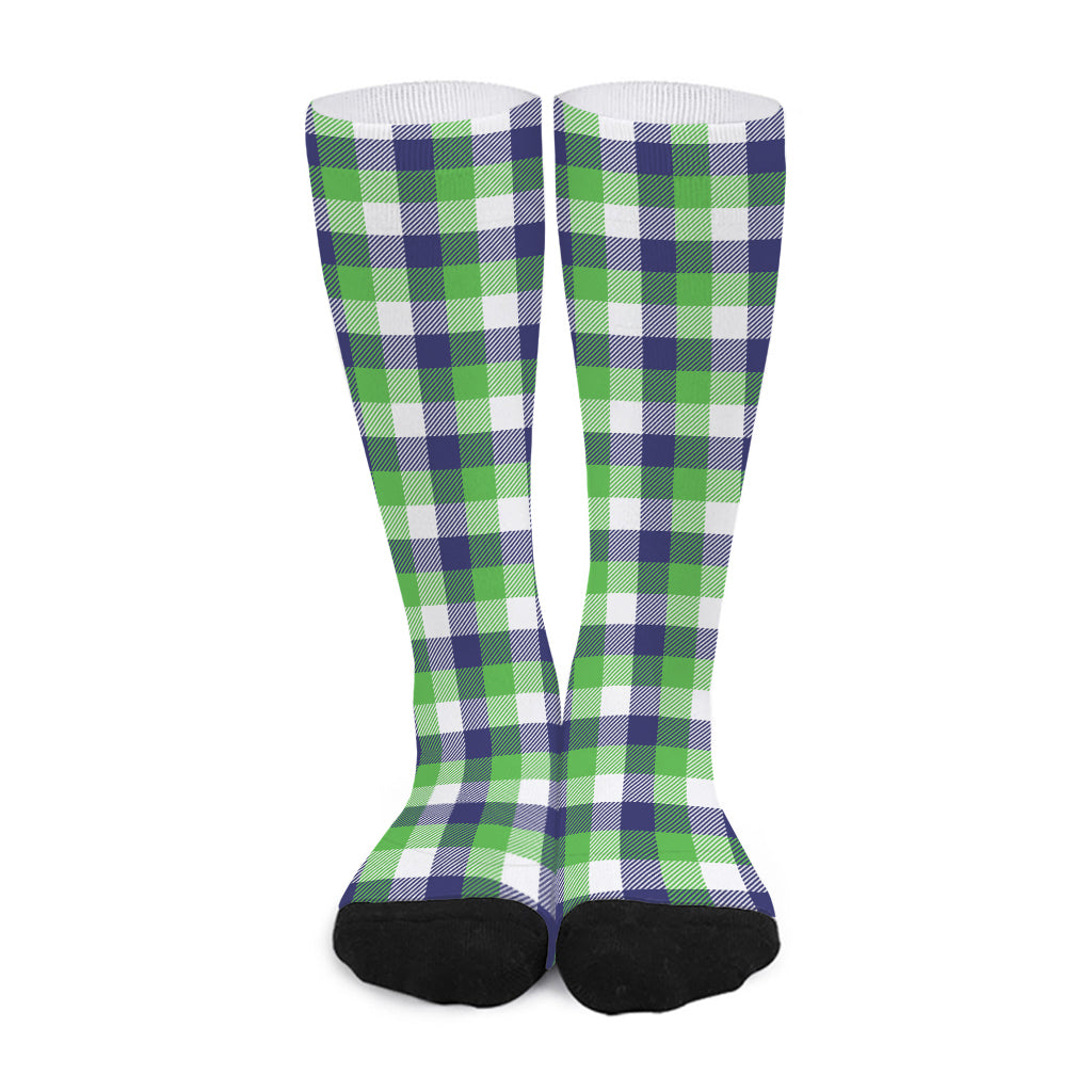 White Green And Blue Buffalo Plaid Print Long Socks