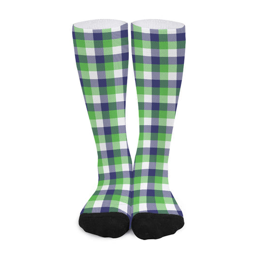 White Green And Blue Buffalo Plaid Print Long Socks