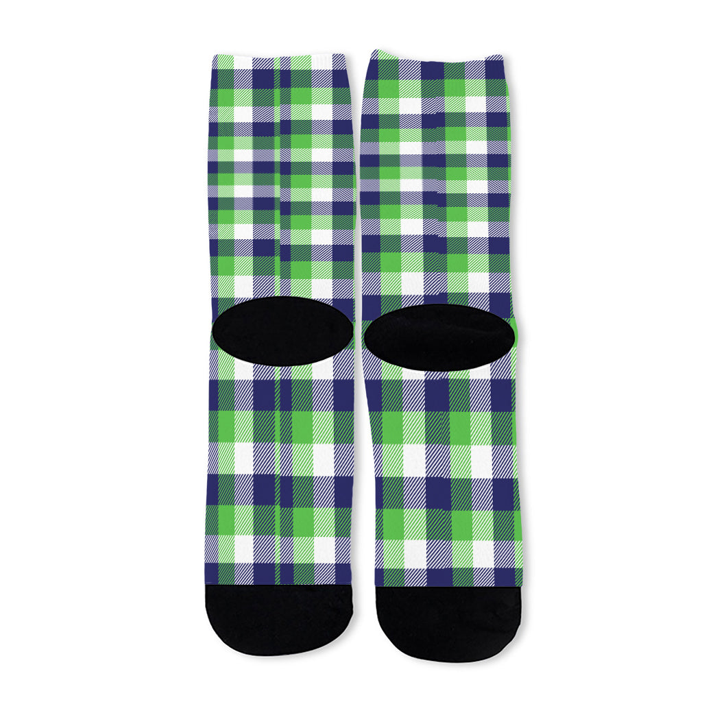 White Green And Blue Buffalo Plaid Print Long Socks