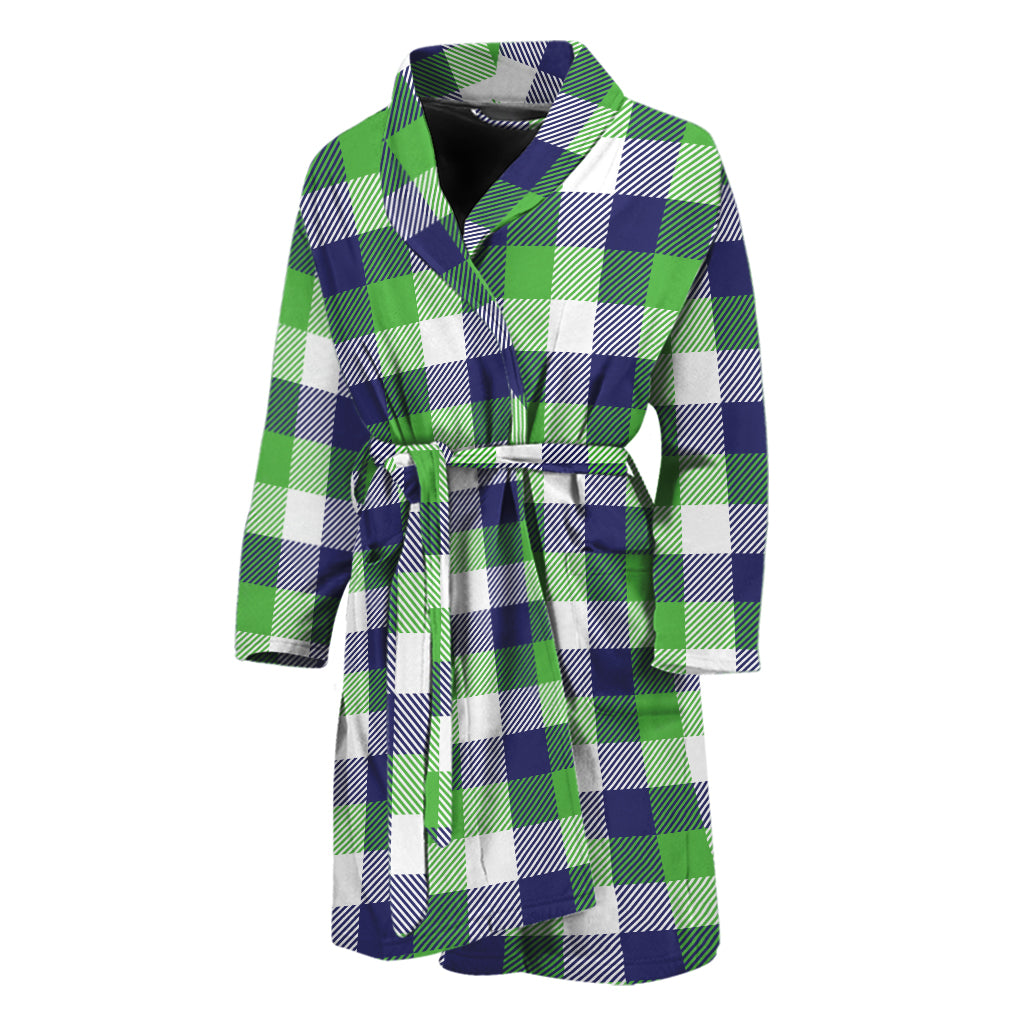 White Green And Blue Buffalo Plaid Print Men's Bathrobe