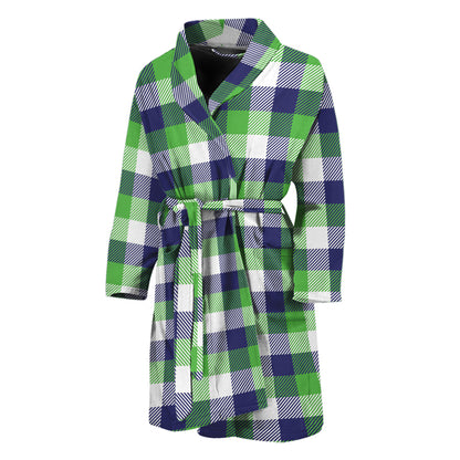 White Green And Blue Buffalo Plaid Print Men's Bathrobe