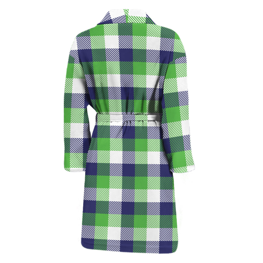 White Green And Blue Buffalo Plaid Print Men's Bathrobe