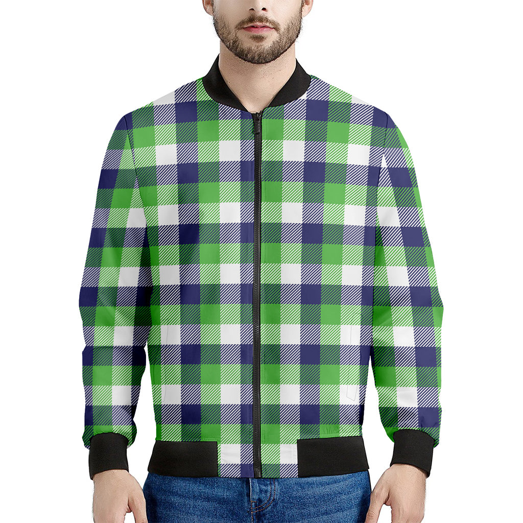 White Green And Blue Buffalo Plaid Print Men's Bomber Jacket