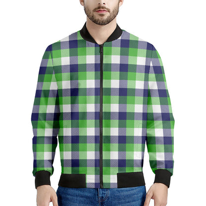 White Green And Blue Buffalo Plaid Print Men's Bomber Jacket