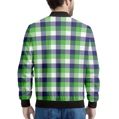 White Green And Blue Buffalo Plaid Print Men's Bomber Jacket