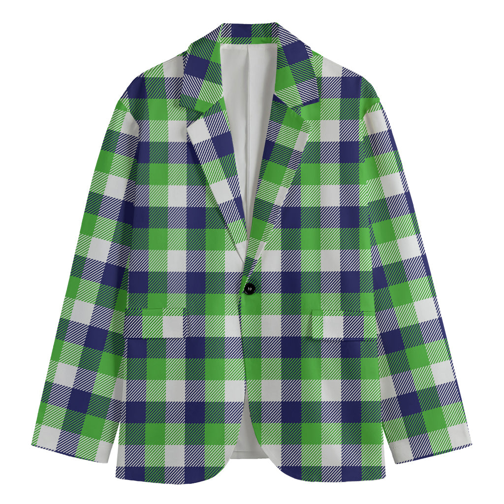 White Green And Blue Buffalo Plaid Print Men's Cotton Blazer