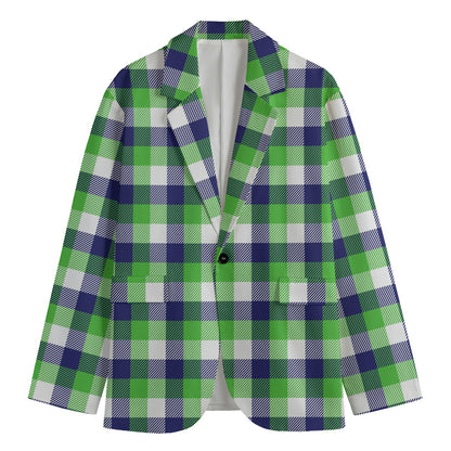 White Green And Blue Buffalo Plaid Print Men's Cotton Blazer