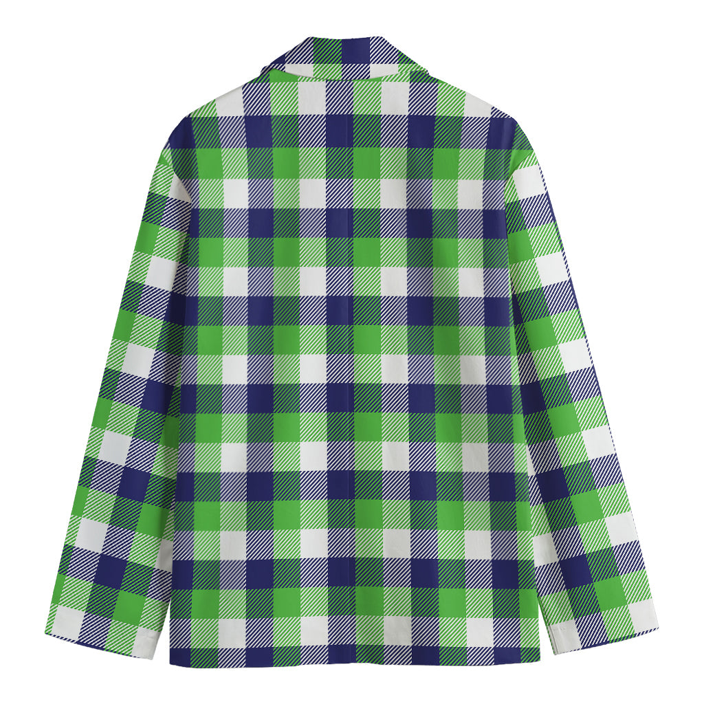 White Green And Blue Buffalo Plaid Print Men's Cotton Blazer