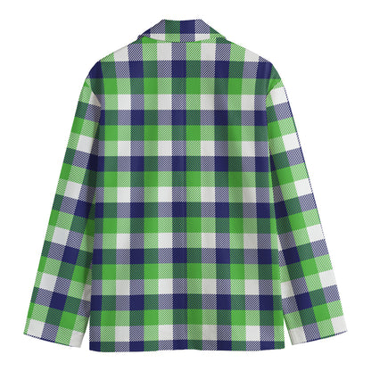 White Green And Blue Buffalo Plaid Print Men's Cotton Blazer