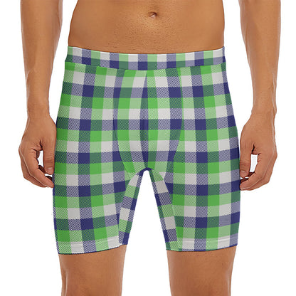 White Green And Blue Buffalo Plaid Print Men's Long Boxer Briefs