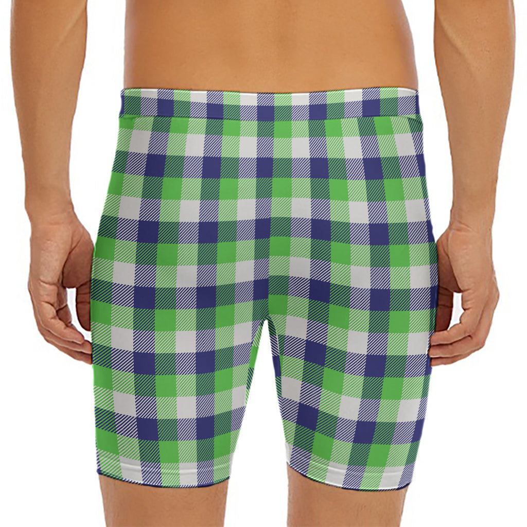 White Green And Blue Buffalo Plaid Print Men's Long Boxer Briefs