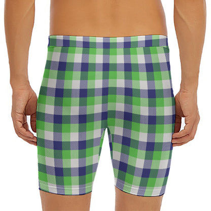 White Green And Blue Buffalo Plaid Print Men's Long Boxer Briefs