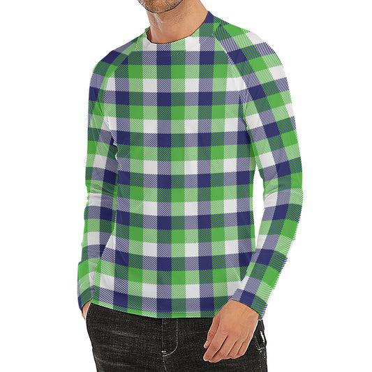 White Green And Blue Buffalo Plaid Print Men's Long Sleeve Rash Guard
