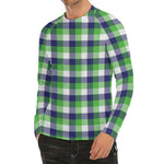White Green And Blue Buffalo Plaid Print Men's Long Sleeve Rash Guard