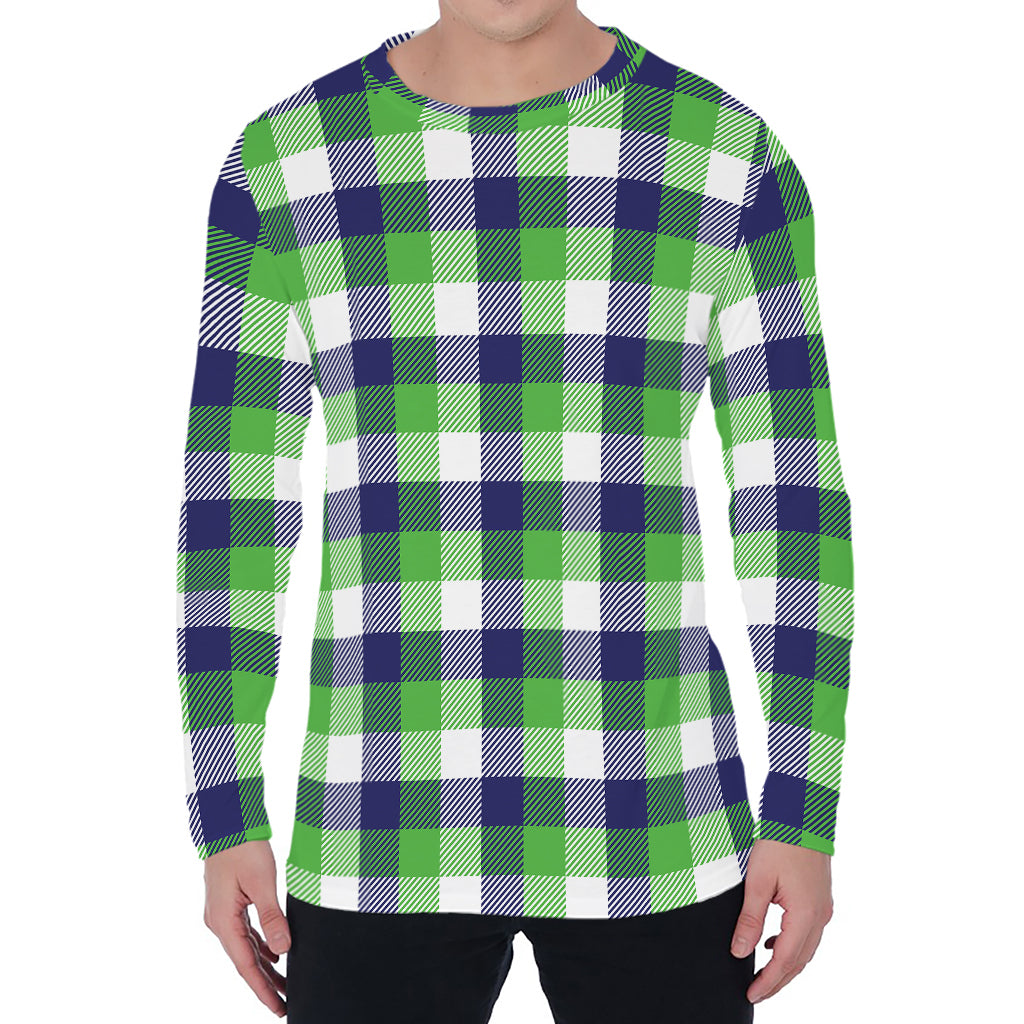 White Green And Blue Buffalo Plaid Print Men's Long Sleeve T-Shirt