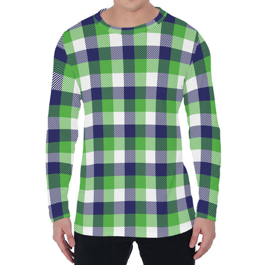White Green And Blue Buffalo Plaid Print Men's Long Sleeve T-Shirt