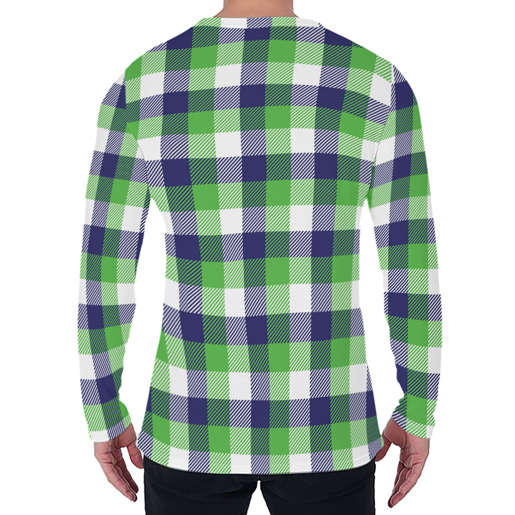 White Green And Blue Buffalo Plaid Print Men's Long Sleeve T-Shirt