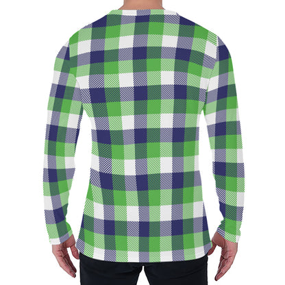 White Green And Blue Buffalo Plaid Print Men's Long Sleeve T-Shirt