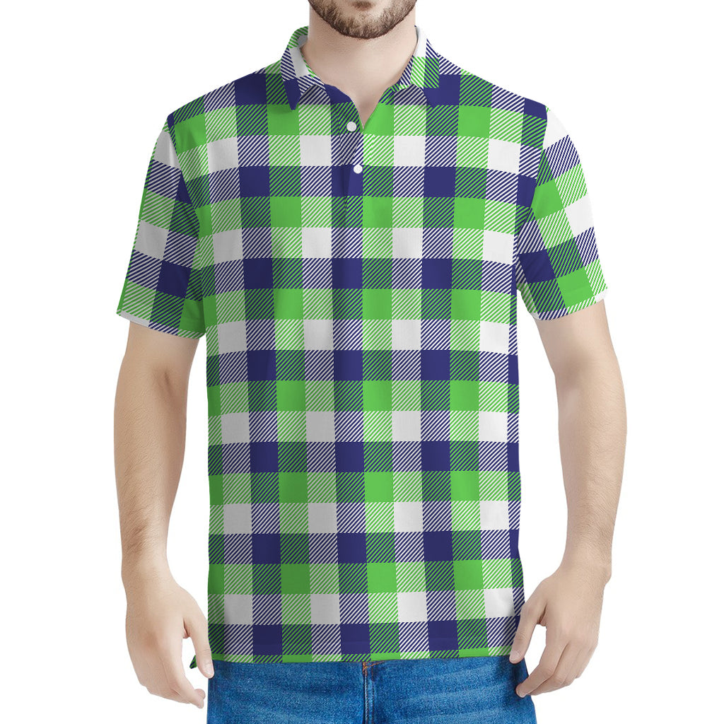 White Green And Blue Buffalo Plaid Print Men's Polo Shirt