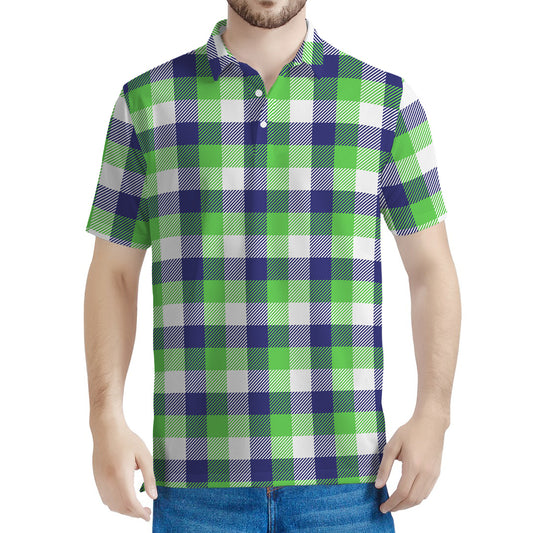 White Green And Blue Buffalo Plaid Print Men's Polo Shirt