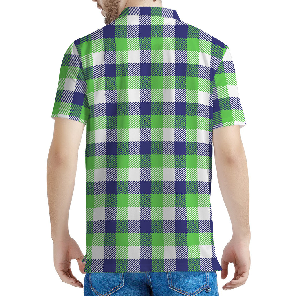 White Green And Blue Buffalo Plaid Print Men's Polo Shirt