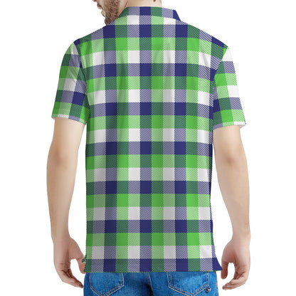 White Green And Blue Buffalo Plaid Print Men's Polo Shirt