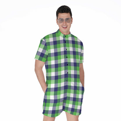 White Green And Blue Buffalo Plaid Print Men's Rompers