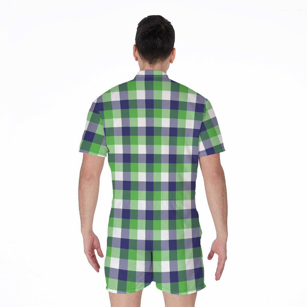 White Green And Blue Buffalo Plaid Print Men's Rompers