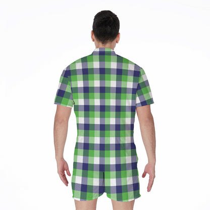 White Green And Blue Buffalo Plaid Print Men's Rompers