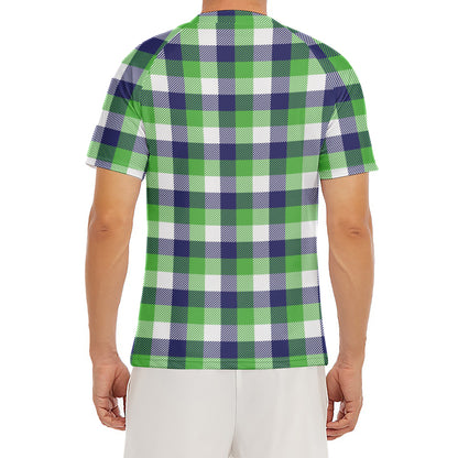White Green And Blue Buffalo Plaid Print Men's Short Sleeve Rash Guard