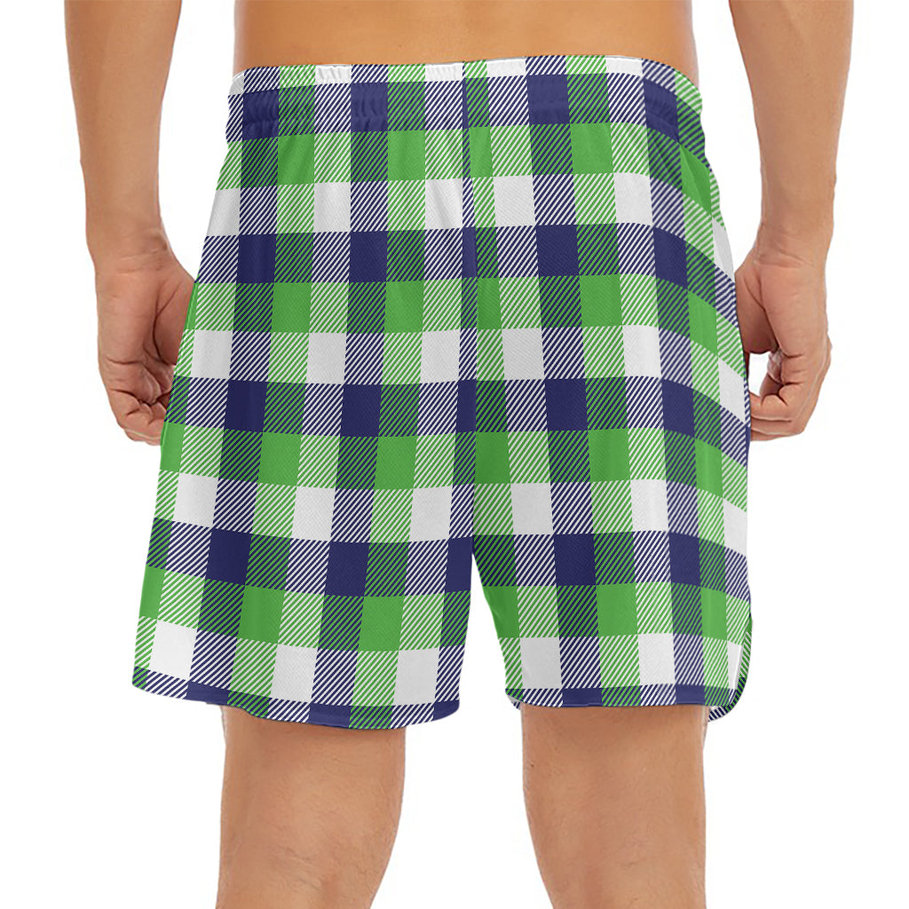 White Green And Blue Buffalo Plaid Print Men's Split Running Shorts